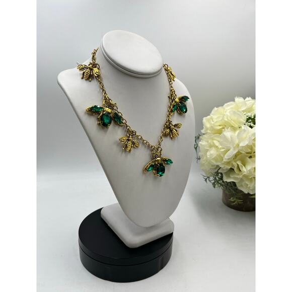 Stainless Steel Gold Plated Green Rhinestone Queen Bumble Bee Statement Necklace - Picture 5 of 12